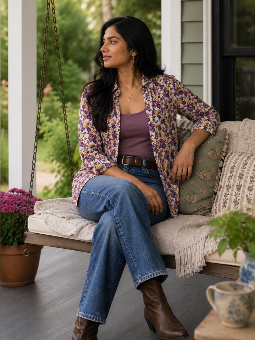 Eddie Bauer Cream Long-Sleeve Button-Down w Burgundy & Yellow Floral Print - SzM